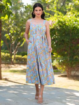 Janasya - Women Blue Floral Midi Dress