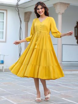 Janasya - Women Yellow Solid Midi Dress