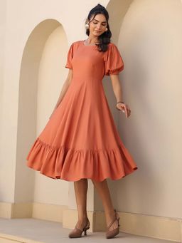 Janasya - Women Rust Solid Midi Dress