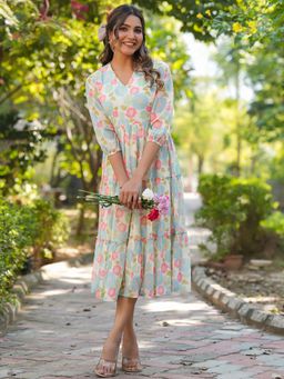 Janasya - Women Cream Floral Midi Dress