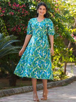 Janasya - Women Blue Floral Midi Dress