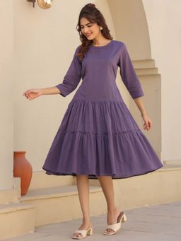 Janasya - Women Lavender Solid Midi Dress
