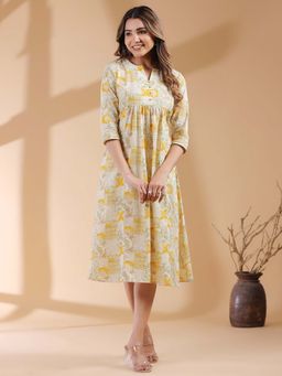 Janasya - Women Yellow Printed Midi Dress
