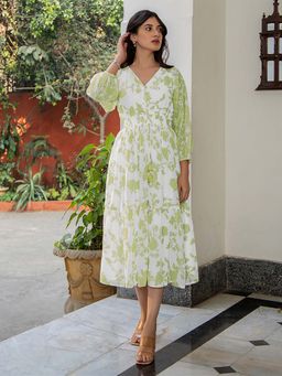 Janasya - Women Green Floral Midi Dress