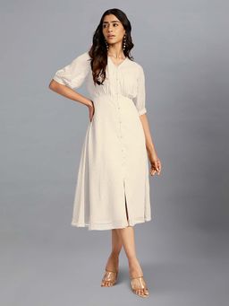 Janasya - Women Off White Self Design Midi Dress