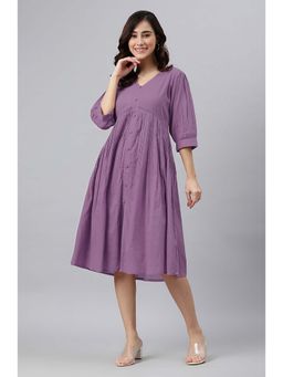 Janasya - Women Lavender Solid Midi Dress