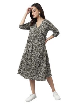 Janasya - Women Olive Floral Midi Dress