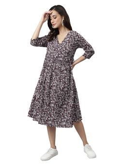 Janasya - Women Wine Floral Midi Dress