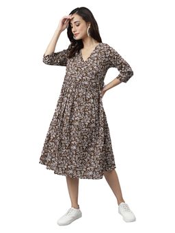 Janasya - Women Brown Floral Midi Dress