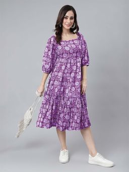 Janasya - Women Purple Floral Midi Dress