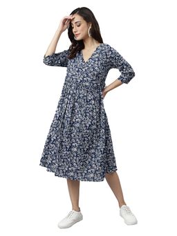 Janasya - Women Indigo Floral Midi Dress