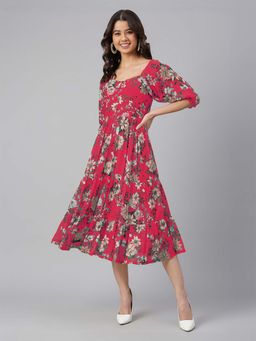 Janasya - Women Pink Floral Midi Dress