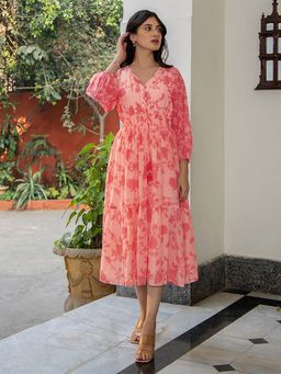Janasya - Women Coral Floral Midi Dress