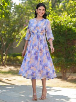 Janasya - Women Blue Floral Midi Dress