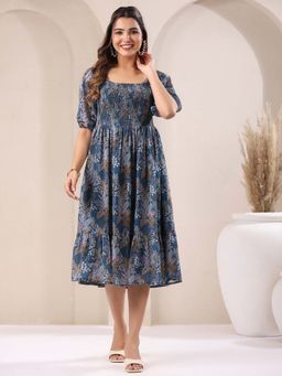 Janasya - Women Teal Floral Midi Dress