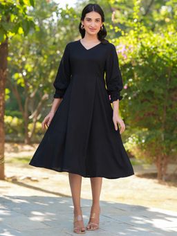 Janasya - Women Black Solid Midi Dress