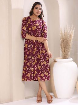 Janasya - Women Wine Floral Midi Dress