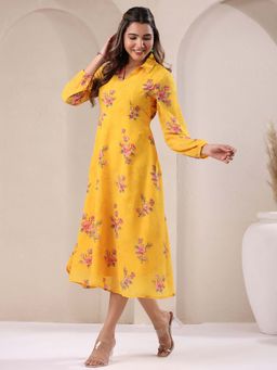Janasya - Women Yellow Floral Midi Dress