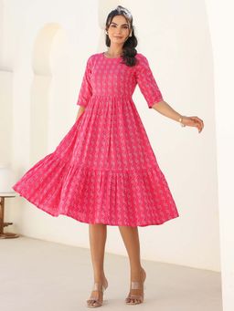 Janasya - Women Pink Self Design Midi Dress