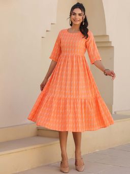 Janasya - Women Orange Self Design Midi Dress