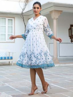 Janasya - Women White Self Design Midi Dress
