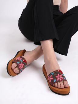 DENILL - Brown Women’S Embroidered Beaded Floral Slip On Sandals