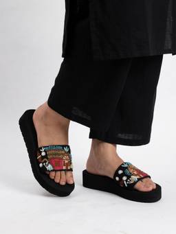DENILL - Black Women’S Embroidered Beaded Platform Sandals