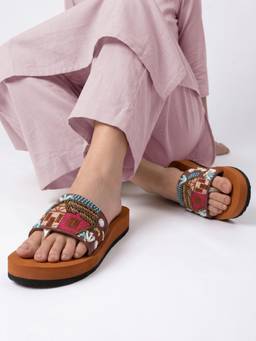 DENILL - Brown Women’S Embroidered Beaded Platform Sandals
