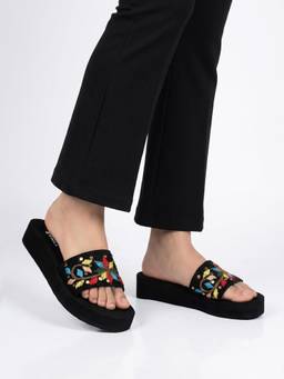 DENILL - Women’S Black Embroidered Beaded Slip On Sandals