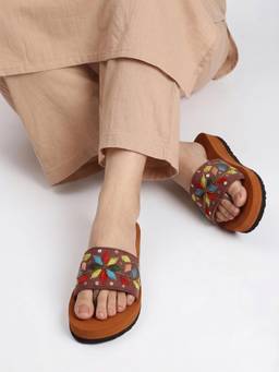 DENILL - Women’S Brown Embroidered Beaded Slip On Sandals