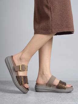 DENILL - Grey Women’S Open Toe Sandals Multicolor Woven Strap
