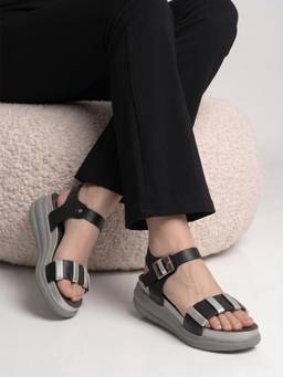 DENILL - Grey Women’S Open Toe Sandals Black and Silver Straps, Adjustable Buckle, Gray Sole