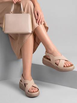 DENILL - Cream Women’S Crisscross Sandals Adjustable Buckle, Cushioned Sole, Casual Wear