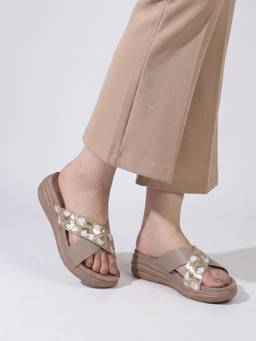 DENILL - Cream Women’S Sequin Crisscross Slip On Sandals Stylish Casual Footwear