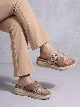 DENILL - Brown Women’S Crisscross Slip On Sandals Stylish Buckle Strap Casual Footwear