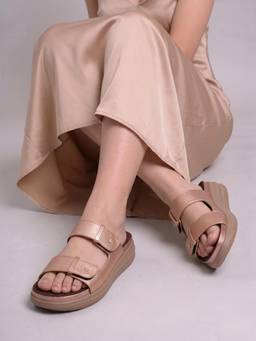 DENILL - Rose Gold Women’S Double Strap Slip On Sandals Casual Comfort Footwear