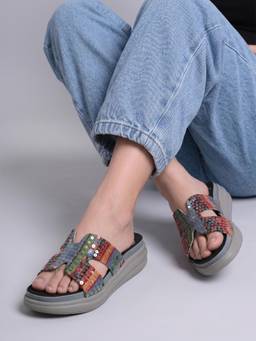 DENILL - Blue Women’S Multicolor Patchwork Sequin Slip On Sandals
