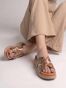 DENILL - Tan Women’S Multicolor Patchwork Sequin Slip On Sandals