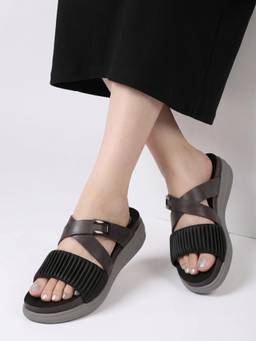 DENILL - Black Women’S Slip On Sandals Buckle Detail Casual Footwear