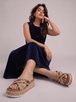 DENILL - Women'S Beige Gold Braided Strap Platform Sandals