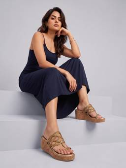 DENILL - Gold Women Braided Cork Wedges