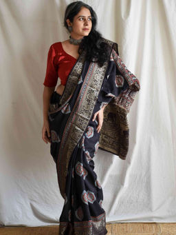 Sundarii - Sundari Zehnaseeb - Ajrakh Dola Silk Zari Pallu Saree with Unstitched Blouse