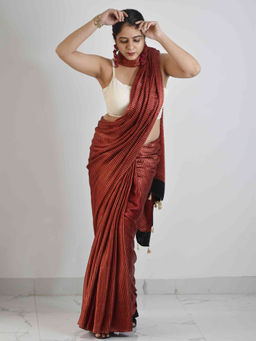 Sundarii - Sundari Stripe love - Maroon Ajrakh Mashru silk Saree with Unstitched Blouse