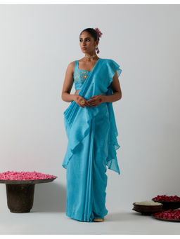 Vinusto - Ready-to-Wear Chanderi Ruffled Pallu & Zardozi Saree with Stitched Blouse
