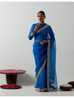 Vinusto - Cobalt Blue Katan Organza Silk Saree with Stitched Blouse