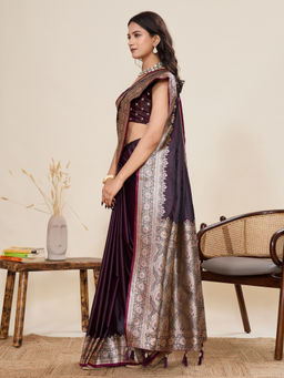 KALAASHREE - Maroon Satin Silk Minakari Border Woven Saree with Unstitched Blouse