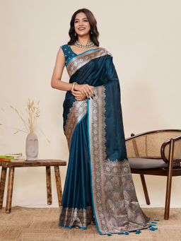 KALAASHREE - Teal Satin Silk Minakari Border Woven Saree with Unstitched Blouse