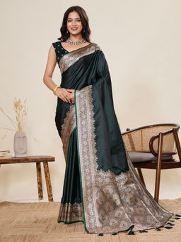 KALAASHREE - Green Satin Silk Minakari Border Woven Saree with Unstitched Blouse