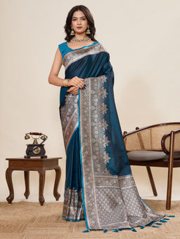 KALAASHREE - Teal Satin Silk Minakari Border Woven Saree with Unstitched Blouse