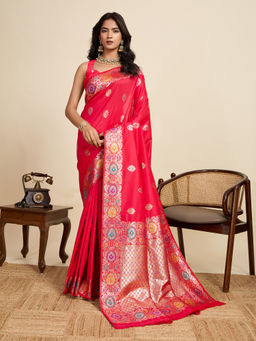 KALAASHREE - Pink Jacquard Sona Chandi pure zari work Saree with Unstitched Blouse